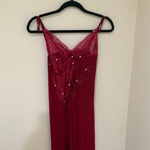 Chic Red Wine Maxi 58” women’s sexy Lace detailing & Rhinestone Nightgown M-L